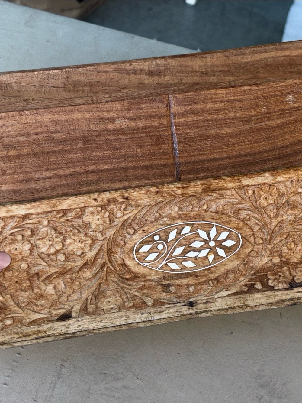 Vintage Farmhouse Wooden Carved Mail Organizer - Natural Brown / inlayed - Picture 2 of 9
